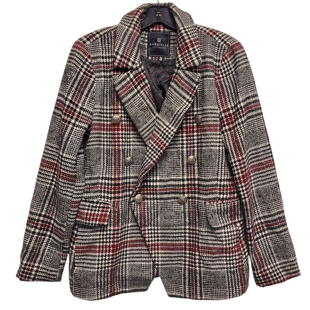 BAGATELLE Jacket Womens Medium Black Plaid Pea Coat Boho Button Up Flap Pockets